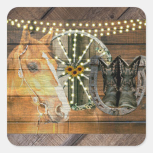Western Horse Horseshoe Wagon Wheel Cowboy Boots Square Sticker