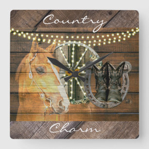 Western Horse Horseshoe Wagon Wheel Cowboy Boots Square Wall Clock