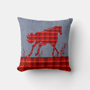 Western Horse Red Plaid Faux Denim Cushion