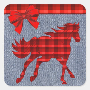 Western Horse Red Plaid Faux Denim Square Sticker