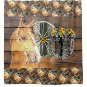 Western Horse Wagon Wheel Horseshoe Cowboy Boots Shower Curtain