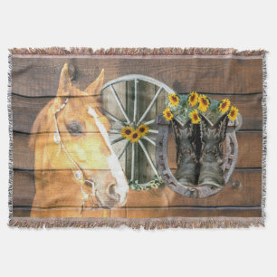 Western Horse Wagon Wheel Horseshoe Cowboy Boots Throw Blanket