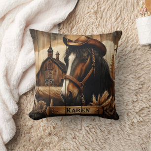 Western Horse With Cowboy Hat Beside Barn Sunset Cushion