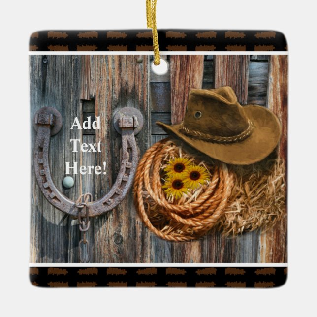 Western Horseshoe Cowboy Hat Lasso Ceramic Ornament (Front)