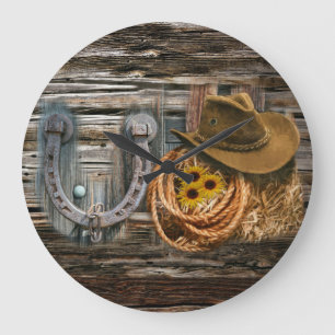 Western Horseshoe Cowboy Hat Lasso Large Clock