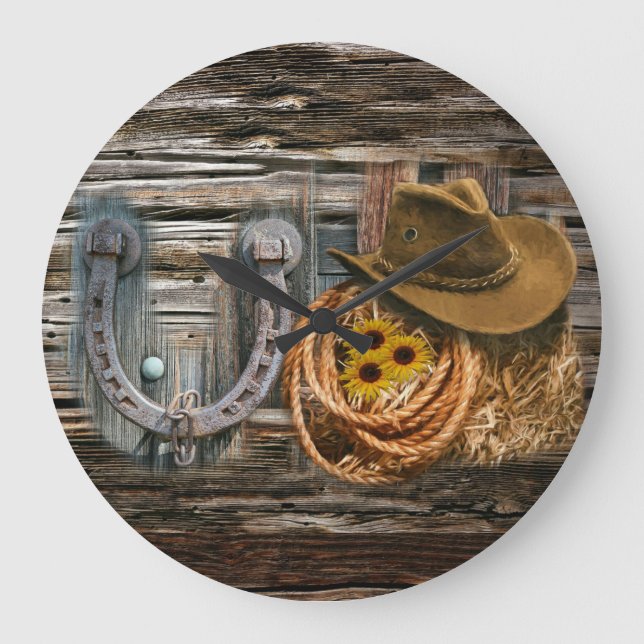 Western Horseshoe Cowboy Hat Lasso Large Clock (Front)