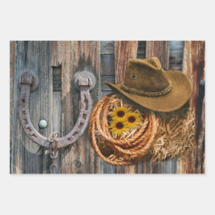 Western Horseshoe Cowboy Hat Lasso Wrapping Paper Sheet