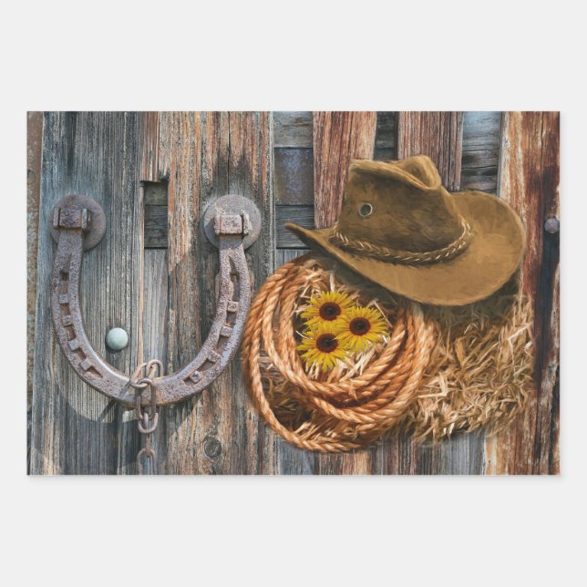Western Horseshoe Cowboy Hat Lasso Wrapping Paper Sheet (Front)