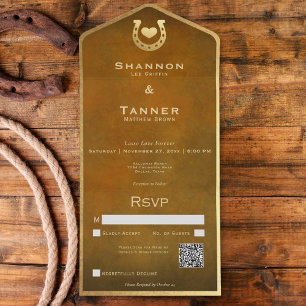 Western Horseshoe & Heart Brown & Gold QR Code All In One Invitation
