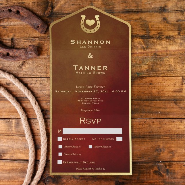 Western Horseshoe & Heart Burgundy & Gold Dinner All In One Invitation (Western Horseshoe & Heart Burgundy & Gold Dinner All In One Invitation)