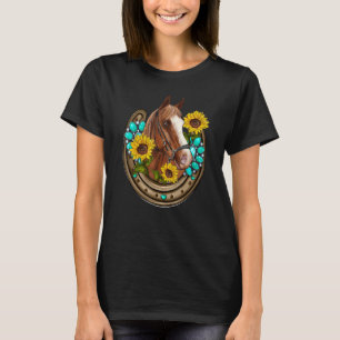 Western Horseshoe Horse With Turquoise Sunflower C T-Shirt