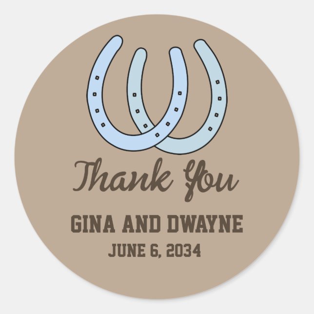 Western Horseshoe Wedding Favour Sticke Thank You Classic Round Sticker (Front)