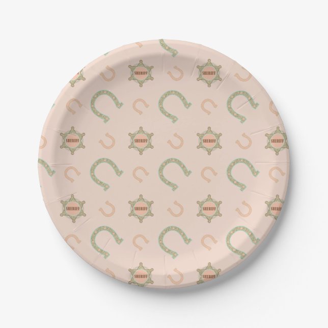 Western Horseshoes Sheriff Badge Peach Mint Paper Plate (Front)