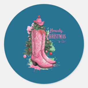 Western , Howdy Christmas And Tree, Nk Cowboy Boot Classic Round Sticker