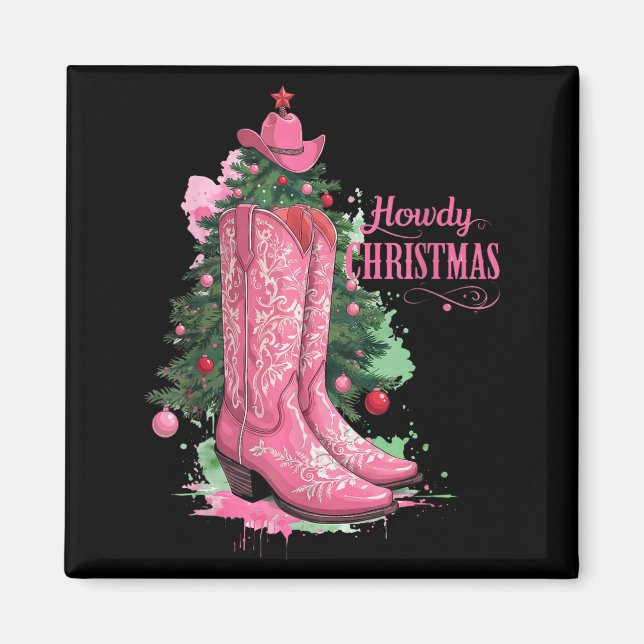 Western , Howdy Christmas And Tree, Nk Cowboy Boot Magnet (Front)