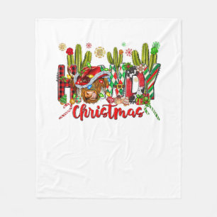 Western Howdy Christmas Cow Cowboy Hat And Cactus Fleece Blanket
