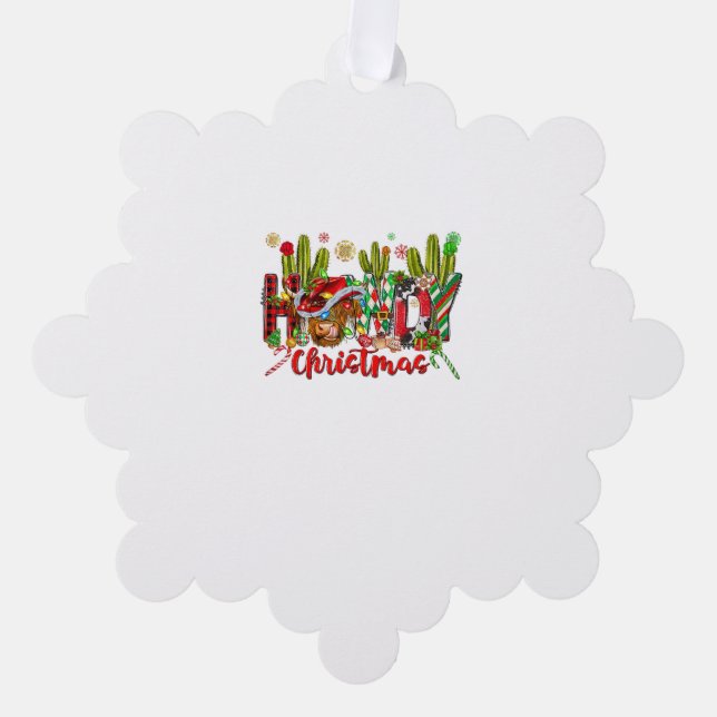 Western Howdy Christmas Cow Cowboy Hat And Cactus  Tree Decoration Card (Front)