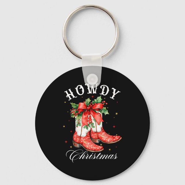 Western Howdy Christmas Cowgirl Boot Coquette Bow  Key Ring (Front)