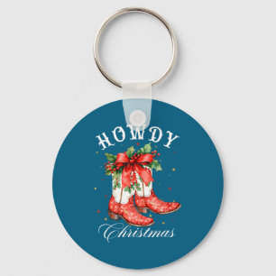 Western Howdy Christmas Cowgirl Boot Coquette Bow Key Ring