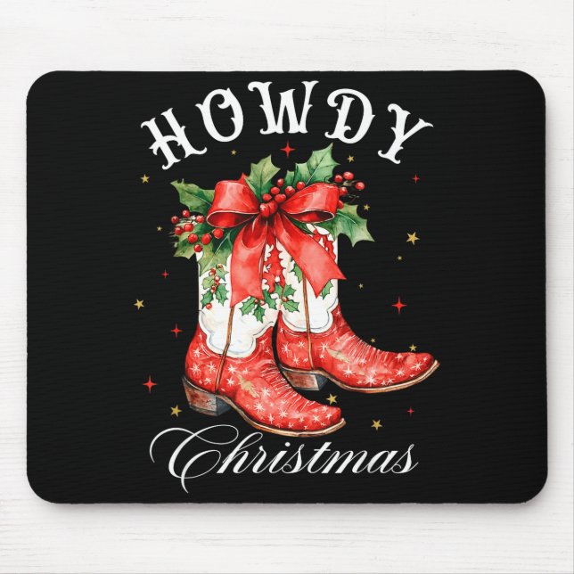 Western Howdy Christmas Cowgirl Boot Coquette Bow  Mouse Pad (Front)