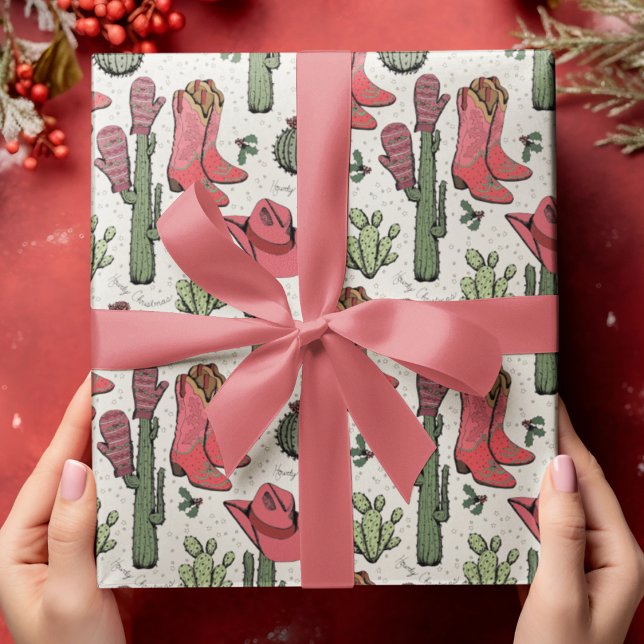 Western Howdy Christmas Cowgirl Wrapping Paper (Fun Hand-Drawn Western "Howdy Christmas" Pattern. Cowboy Boots, Hats, Cactus, Holly Berries & Stars.)