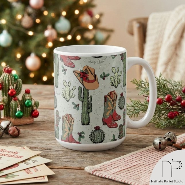 Western Howdy Christmas Mug (This western christmas mug features hand-drawn boots, cacti, and holiday art on sage green.)