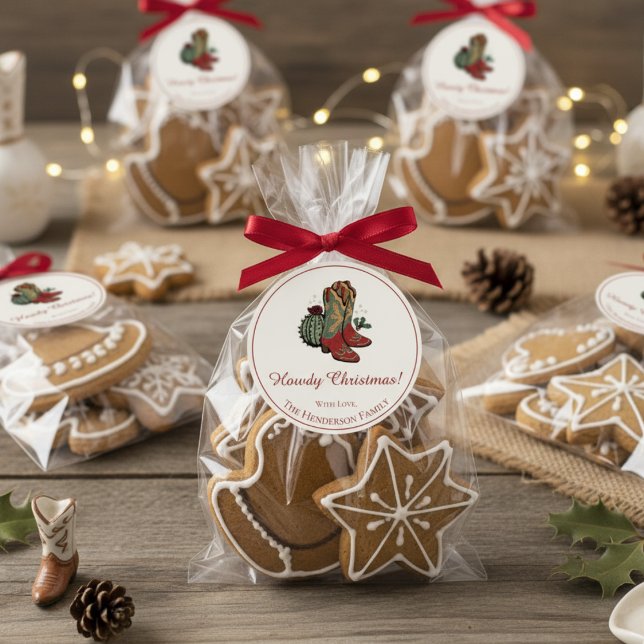 Western Howdy Christmas Red Cowgirl Boots Classic Round Sticker (Cute Howdy Christmas Round Southwest Holiday Sticker. Rustic Western Boots, Cactus & Red Holly Berry)