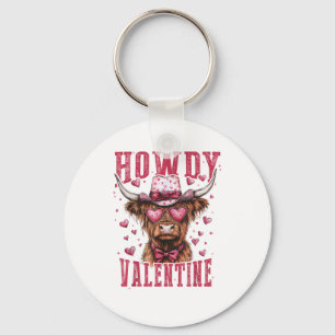Western Howdy Highland Cow Valentines Day Highland Key Ring