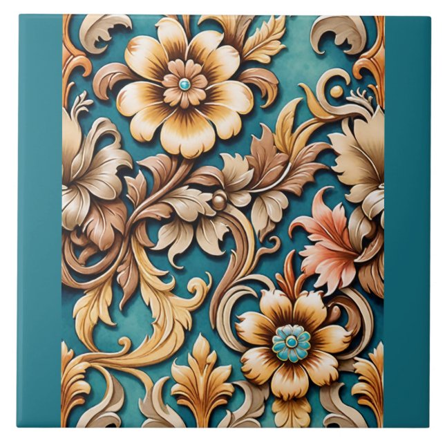 Western Inspired Floral Art Turquoise Teal Ceramic Tile (Front)