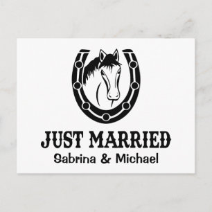 Western Just Married Black Horseshoe Horse Country Announcement Postcard