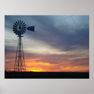 Western Kansas Sunset and Windmill Poster