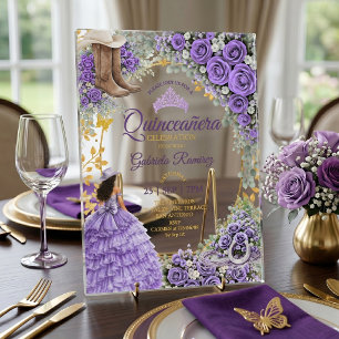 Western Lavender Roses Golden Country Quinceañera Acrylic Invitations