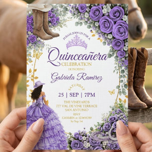 Western Lavender Roses Golden Country Quinceañera Invitation