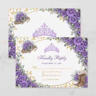 Western Lavender Roses Golden Country Quinceañera RSVP Card