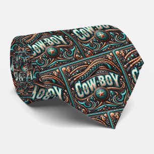 Western Leather Braid And Turquoise Print Cowboy Tie