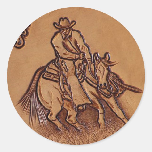 Western leather horseback Riding Rodeo Cowboy Classic Round Sticker (Front)