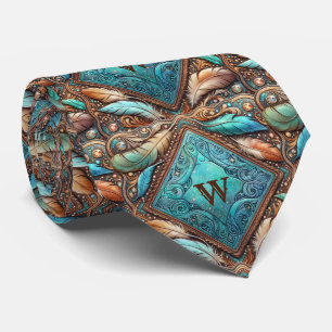 Western Leather Print and Feathers Custom Initial Tie