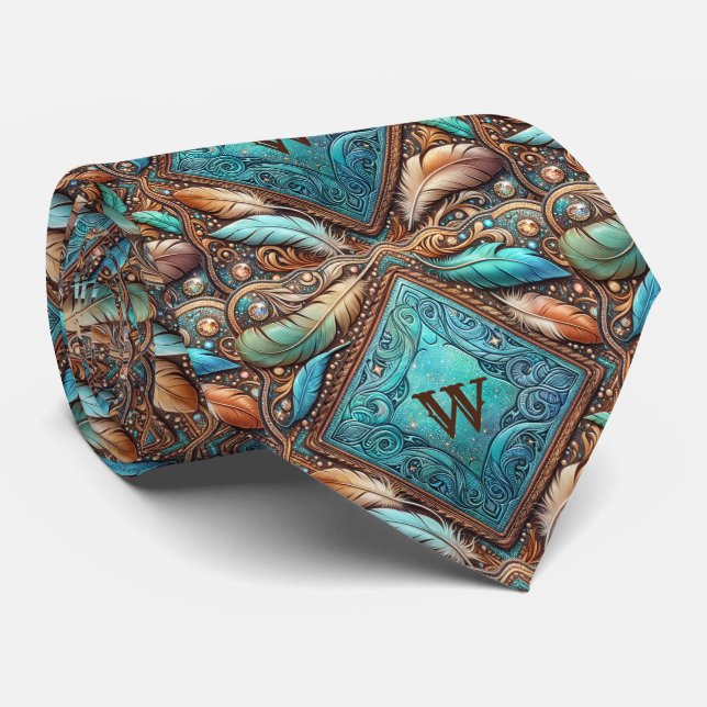 Western Leather Print and Feathers Custom Initial Tie (Rolled)