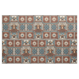 Western Leather Print Brown Turquoise with Steer Fabric
