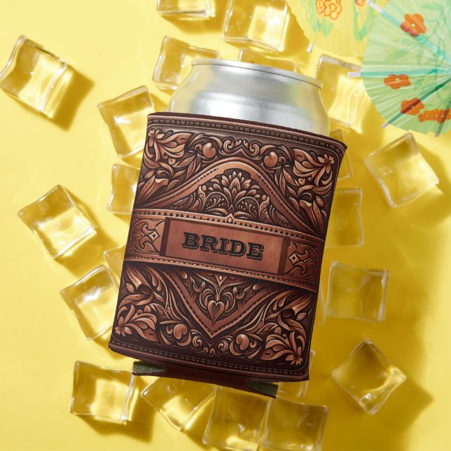 Western Leather Print Brown Wedding Bride custom Can Cooler (In Situ Summer)