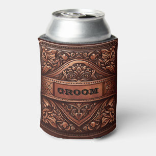 Western Leather Print Brown Wedding Groom Can Cooler