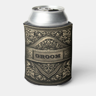 Western Leather Print Silver Wedding Groom Can Cooler