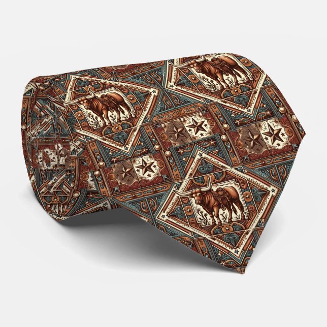 Western Leather Print Steer Bull Maroon Brown Tie (Rolled)