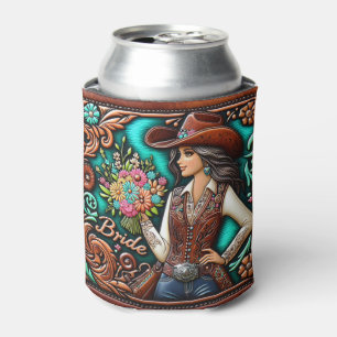Western Leather Print Wedding Bride Custom Name Can Cooler