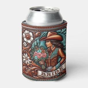 Western Leather Print Wedding Bride Custom Name Can Cooler