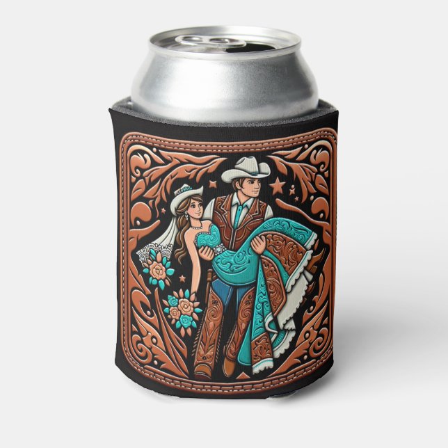 Western Leather Print Wedding Bride Groom Custom Can Cooler (Can Back)