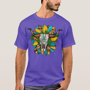Western Leopard Bull Skull Sunflower T-Shirt