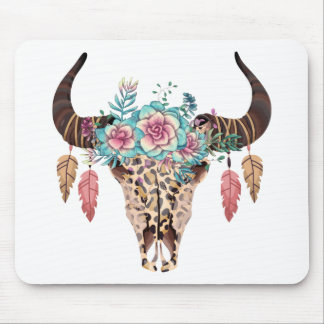 Western Leopard Print Floral Bull Mouse Pad