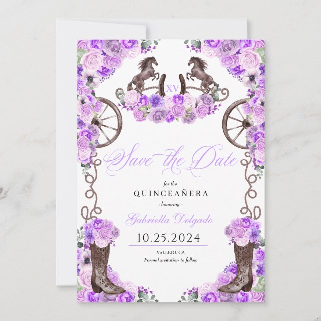 Western Lilac Charro Save The Date Quinceañera Invitation (Front)