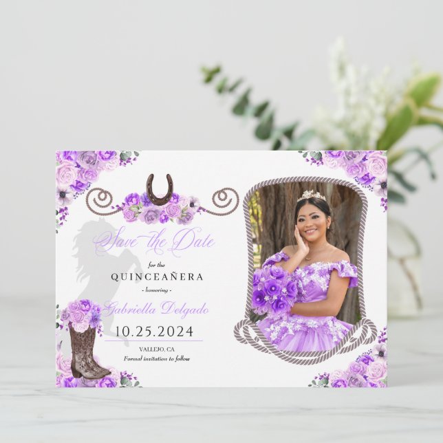 Western Lilac Quinceañera Save The Date Photo Invitation (Standing Front)